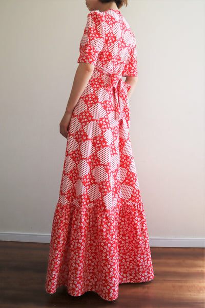 70s Cotton Floral Polka Dot Maxi Prairie Dress