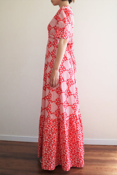 70s Cotton Floral Polka Dot Maxi Prairie Dress