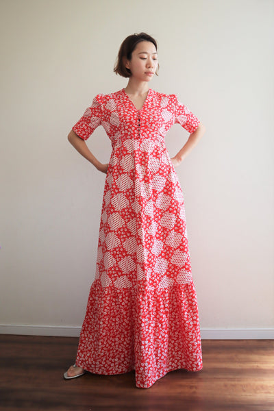 70s Cotton Floral Polka Dot Maxi Prairie Dress