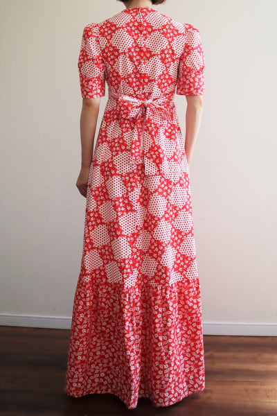 70s Cotton Floral Polka Dot Maxi Prairie Dress