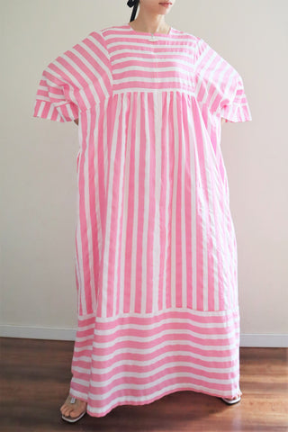 70s Pink Striped Cotton Long Dress