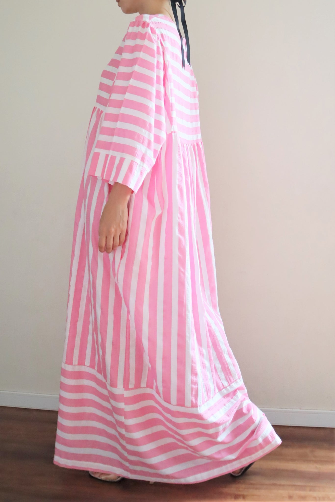 70s Pink Striped Cotton Long Dress