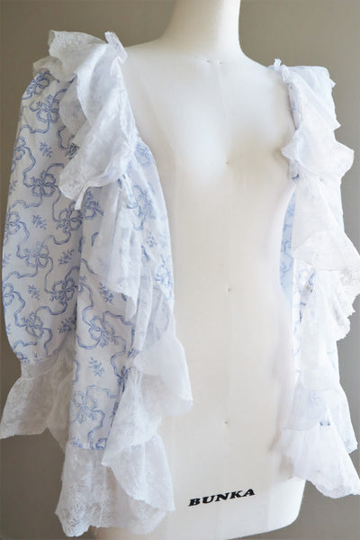 1920s Frilled Lace Blue Ribbon Printed Cotton Blouse
