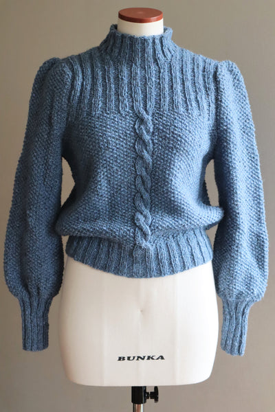 80s Hand Knit Pure Wool Blue Puff Sleeve Sweater