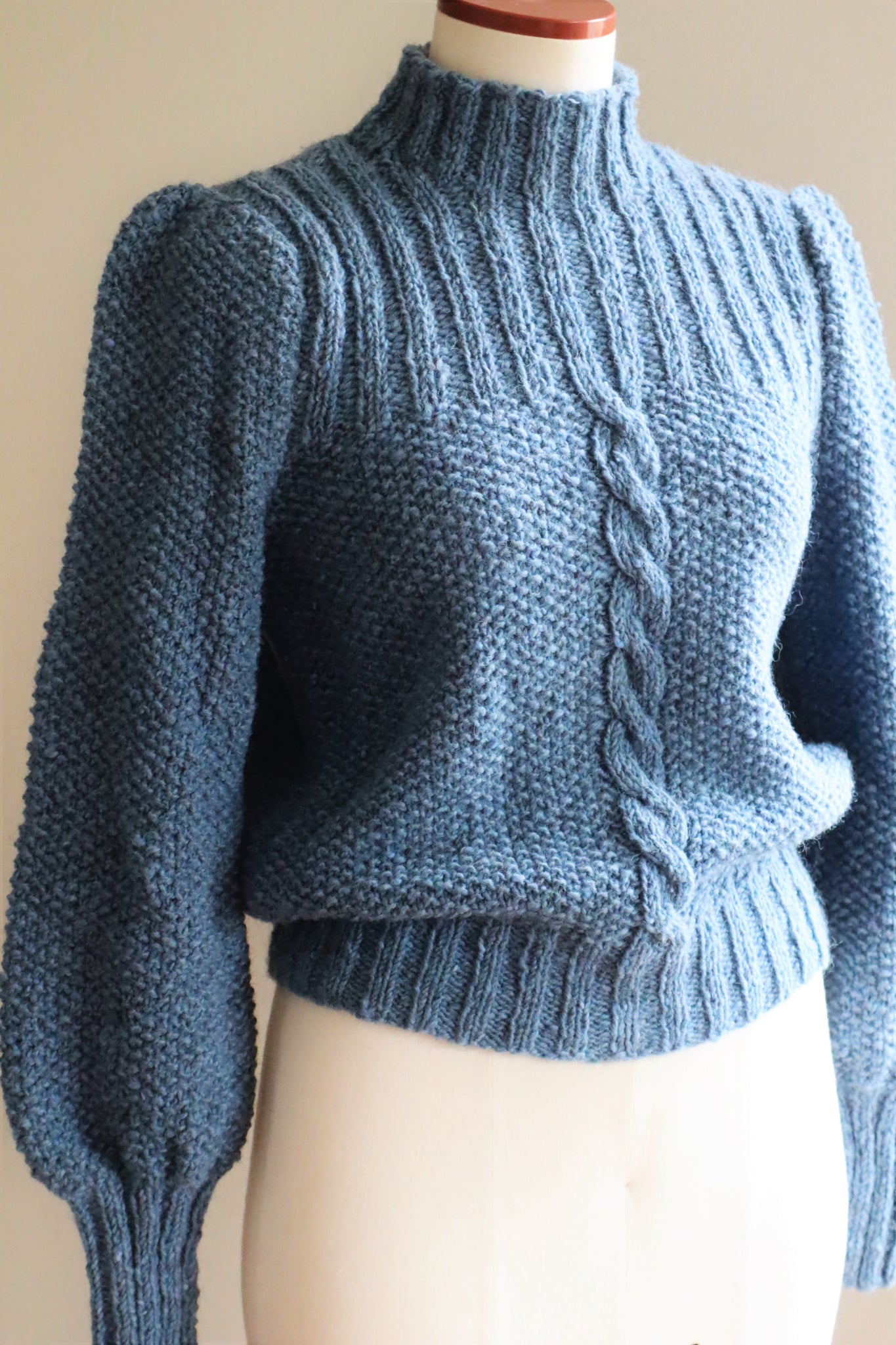 80s Hand Knit Pure Wool Blue Puff Sleeve Sweater