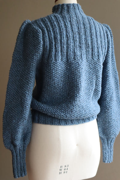 80s Hand Knit Pure Wool Blue Puff Sleeve Sweater
