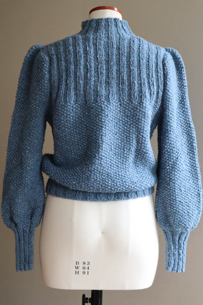 80s Hand Knit Pure Wool Blue Puff Sleeve Sweater