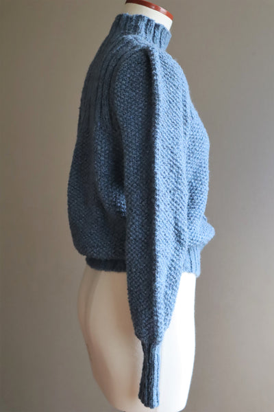 80s Hand Knit Pure Wool Blue Puff Sleeve Sweater