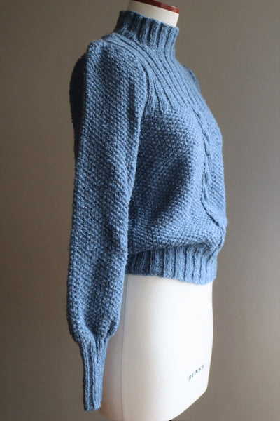 80s Hand Knit Pure Wool Blue Puff Sleeve Sweater