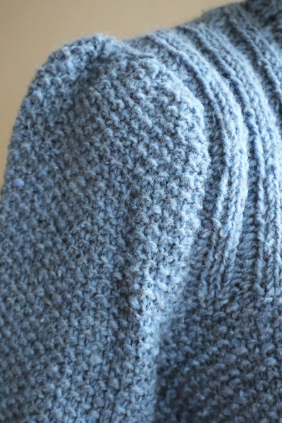 80s Hand Knit Pure Wool Blue Puff Sleeve Sweater
