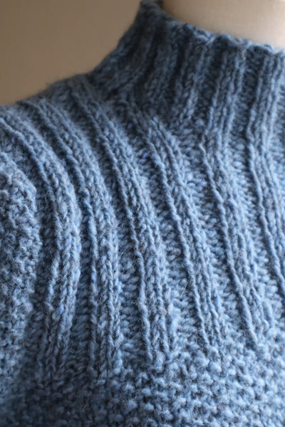 80s Hand Knit Pure Wool Blue Puff Sleeve Sweater