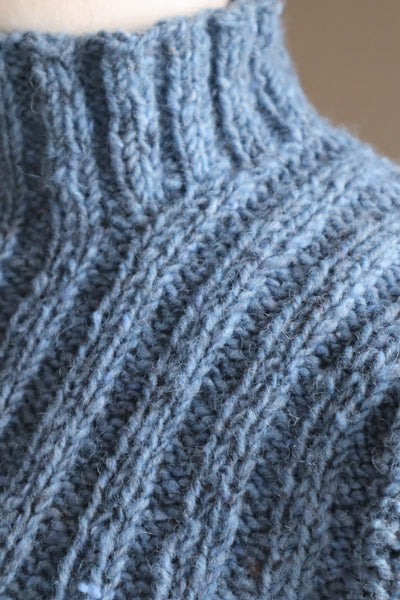 80s Hand Knit Pure Wool Blue Puff Sleeve Sweater