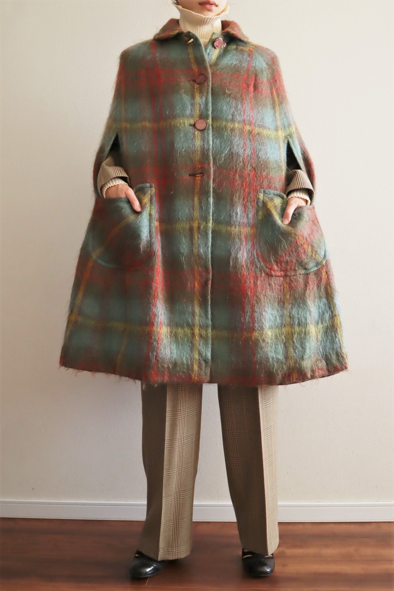 60s Scottish Plaid Mohair Cape Coat