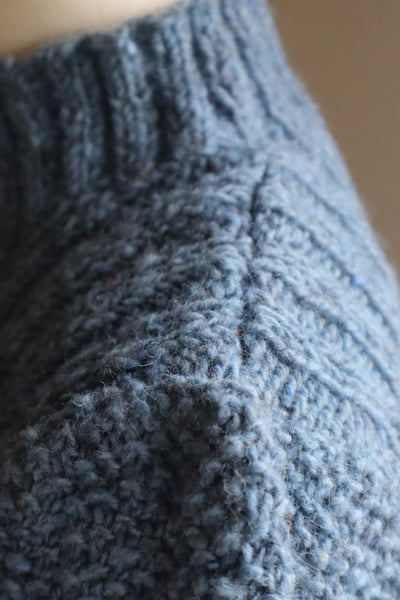 80s Hand Knit Pure Wool Blue Puff Sleeve Sweater