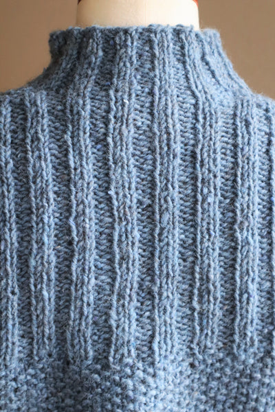 80s Hand Knit Pure Wool Blue Puff Sleeve Sweater