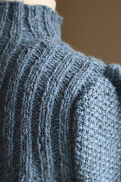 80s Hand Knit Pure Wool Blue Puff Sleeve Sweater