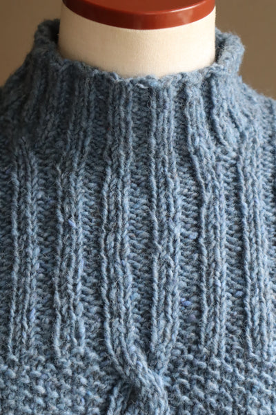 80s Hand Knit Pure Wool Blue Puff Sleeve Sweater