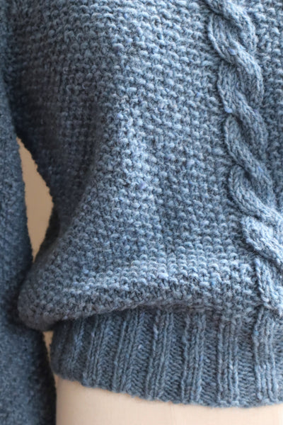 80s Hand Knit Pure Wool Blue Puff Sleeve Sweater