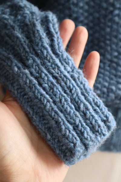 80s Hand Knit Pure Wool Blue Puff Sleeve Sweater