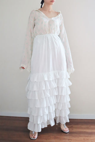 80s Ruffled White Cotton Maxi Skirt