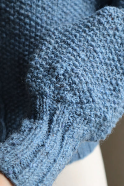 80s Hand Knit Pure Wool Blue Puff Sleeve Sweater