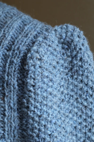 80s Hand Knit Pure Wool Blue Puff Sleeve Sweater