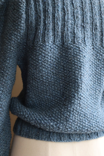 80s Hand Knit Pure Wool Blue Puff Sleeve Sweater