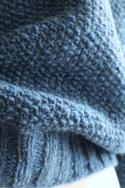 80s Hand Knit Pure Wool Blue Puff Sleeve Sweater