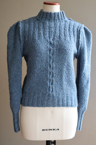 80s Hand Knit Pure Wool Blue Puff Sleeve Sweater