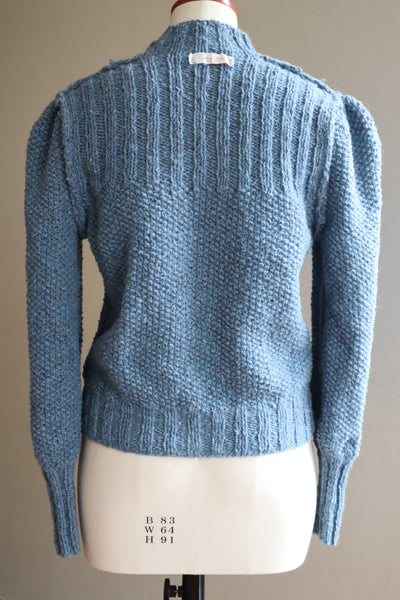 80s Hand Knit Pure Wool Blue Puff Sleeve Sweater
