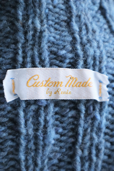 80s Hand Knit Pure Wool Blue Puff Sleeve Sweater