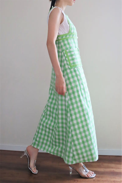 70s Green Gingham Plaid Cotton Quilted Long Dress