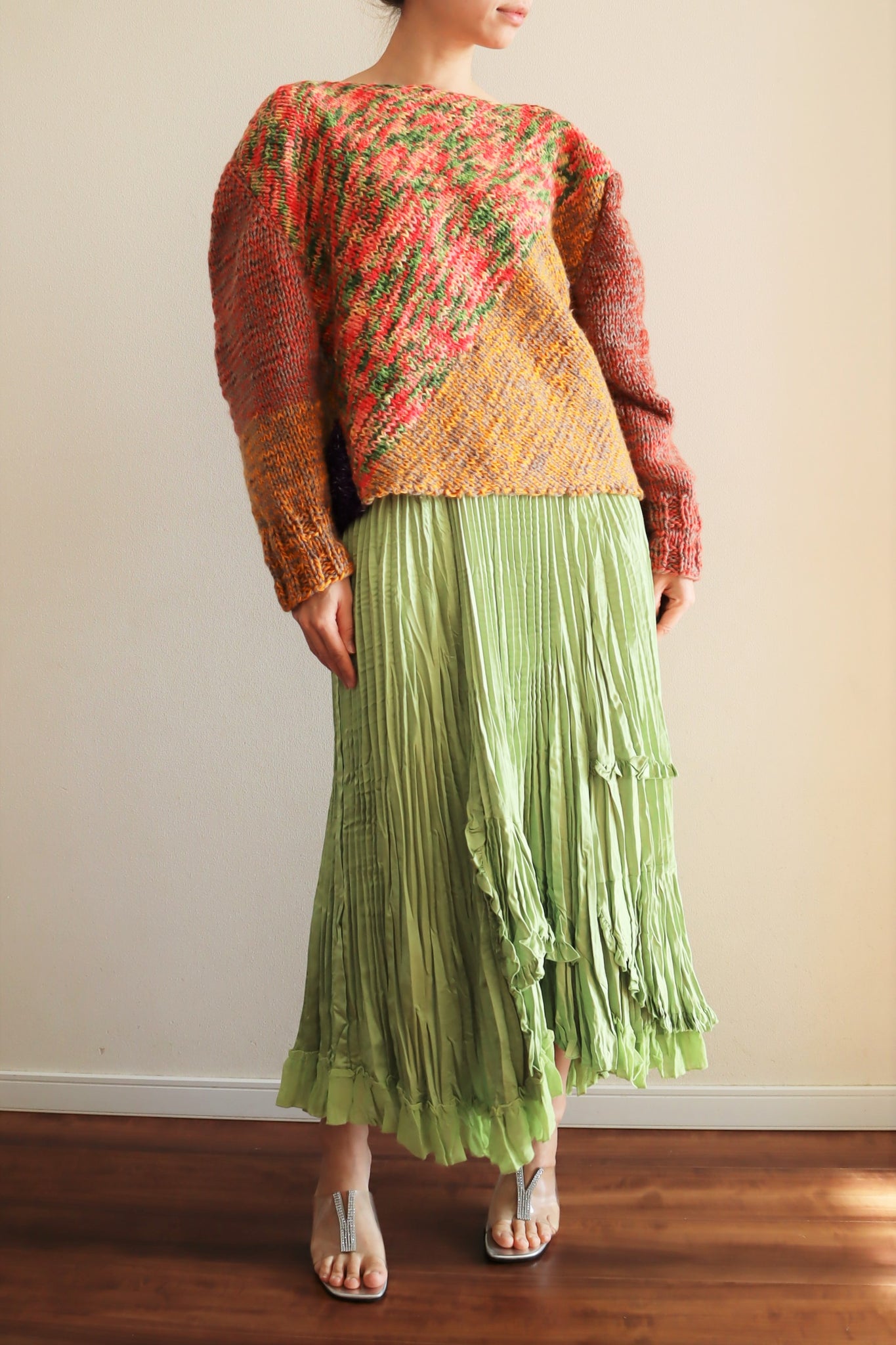 80s Green Pleated Long Skirt