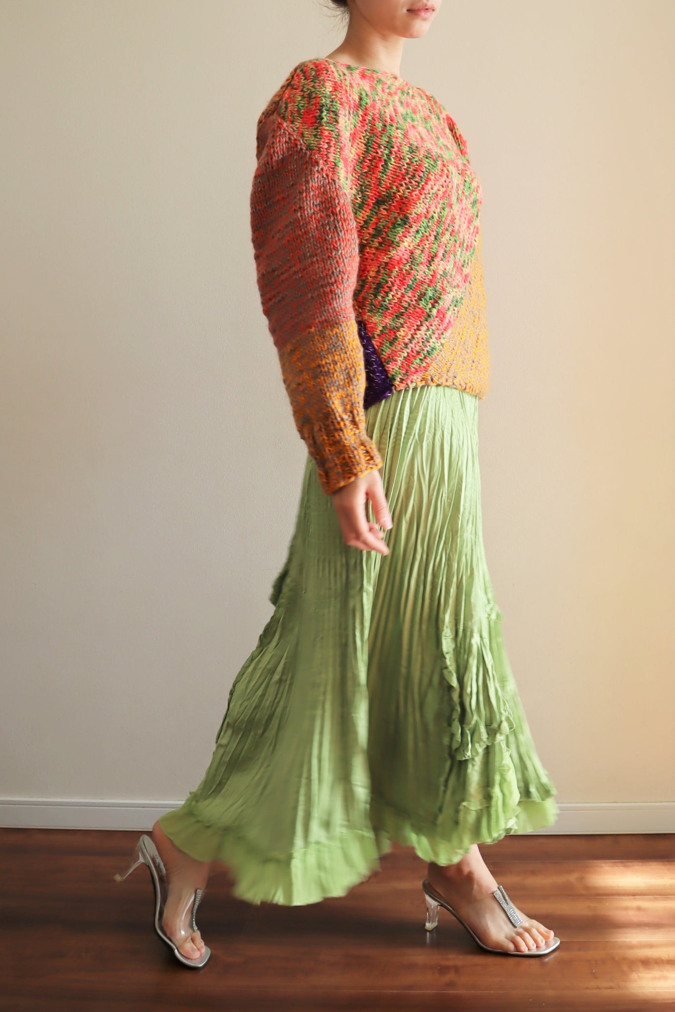 80s Green Pleated Long Skirt