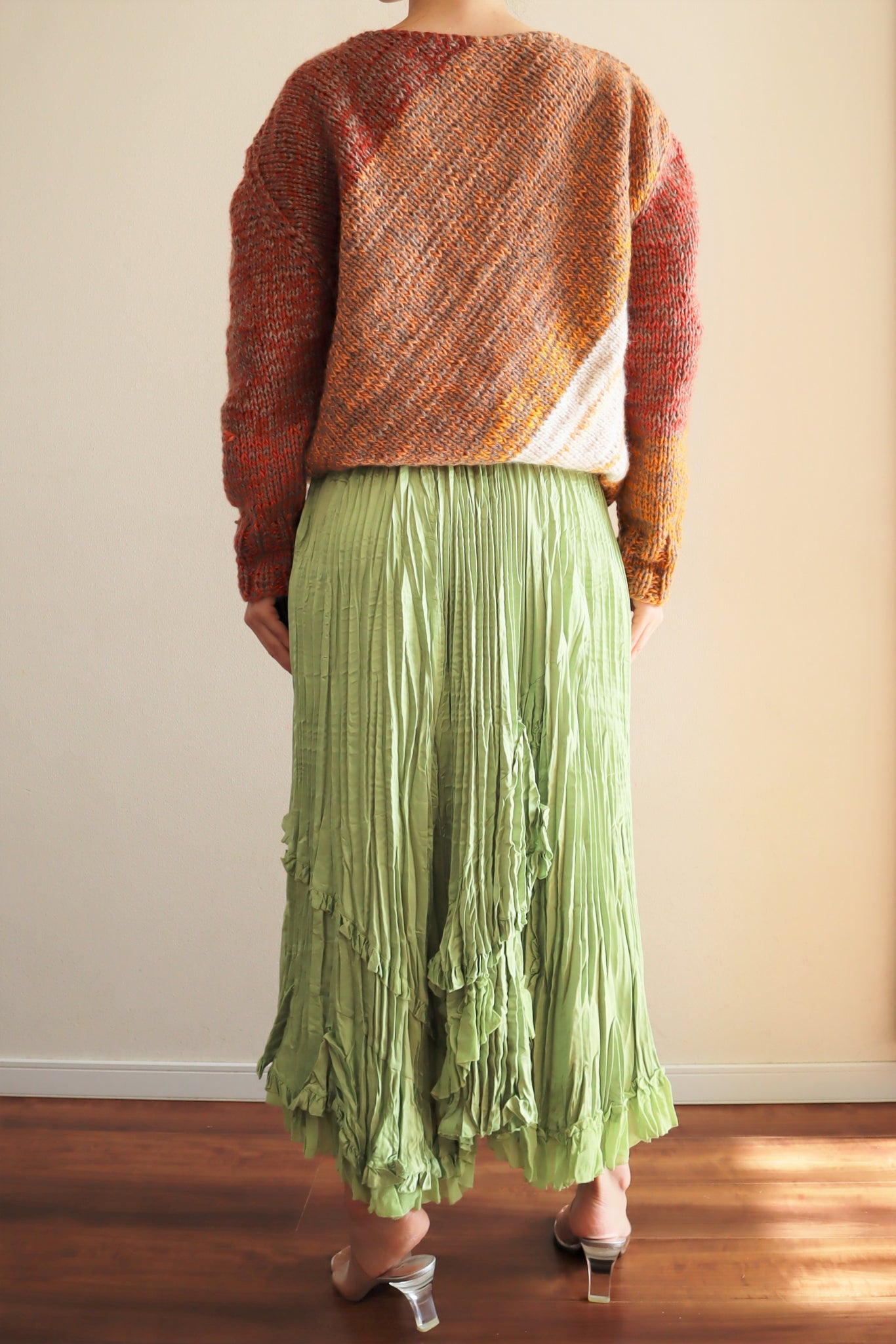 80s Green Pleated Long Skirt