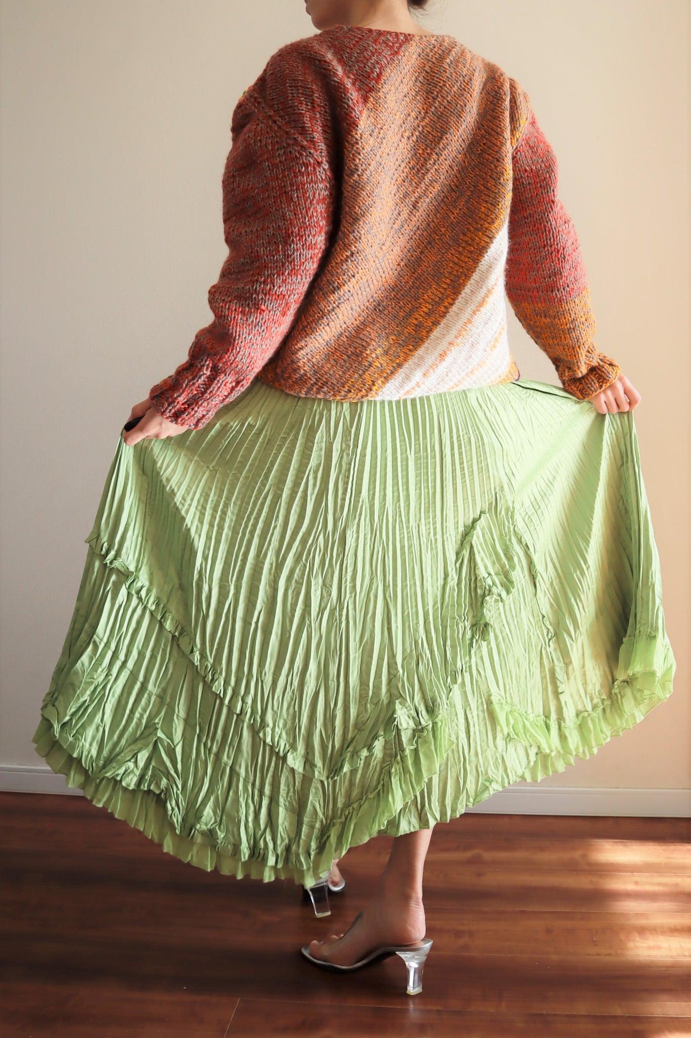 80s Green Pleated Long Skirt