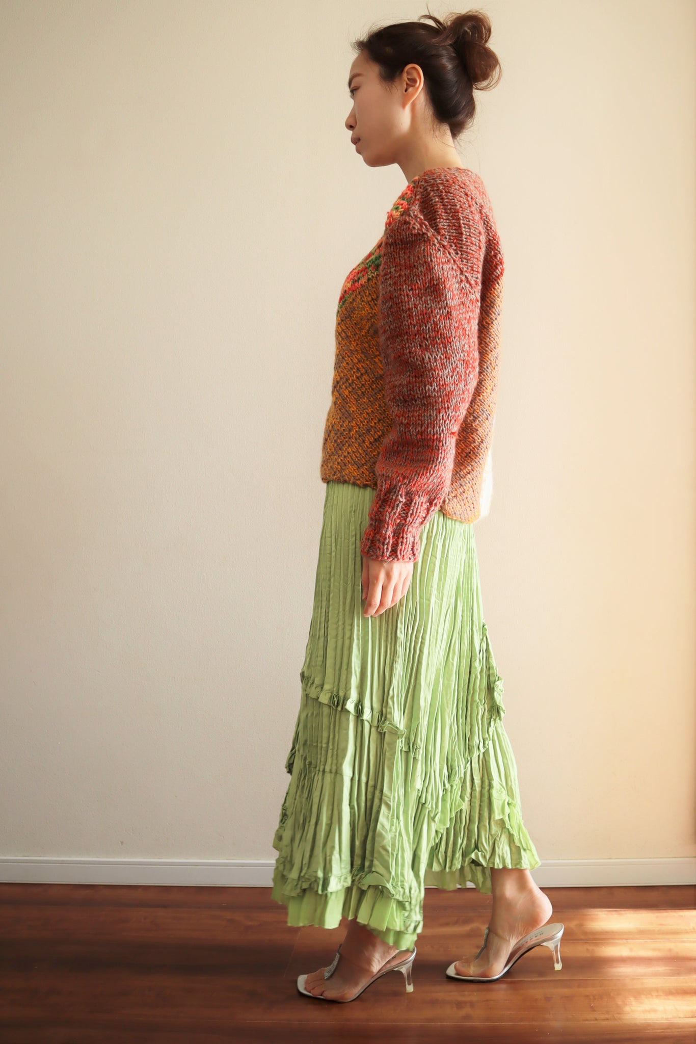 80s Green Pleated Long Skirt