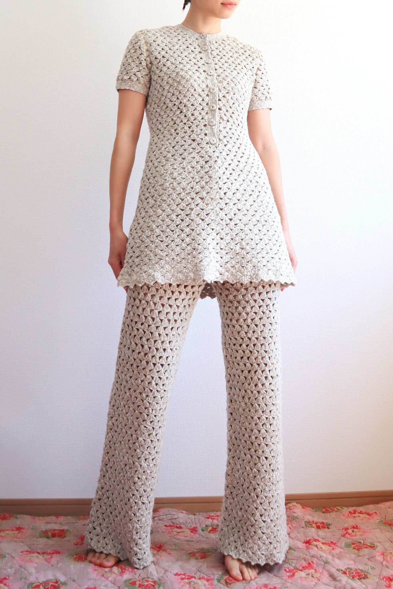 70s Crochet Knit Linen Cotton Pants