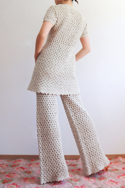 70s Crochet Knit Linen Cotton Blouse