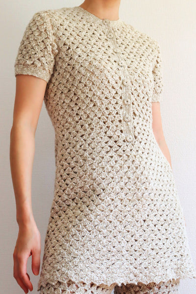 70s Crochet Knit Linen Cotton Blouse