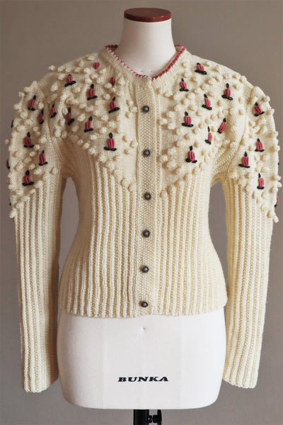 80s Austrian Hand knit Cardigan Pink flower Embroidered Cream