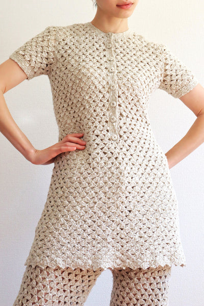 70s Crochet Knit Linen Cotton Blouse