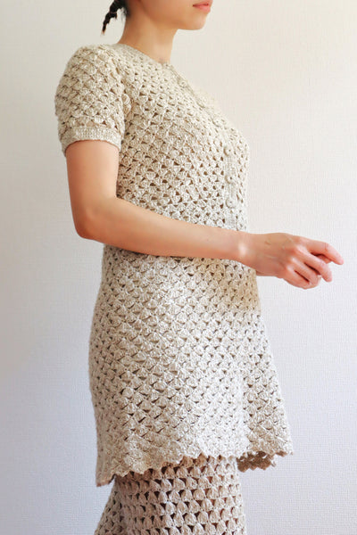 70s Crochet Knit Linen Cotton Blouse