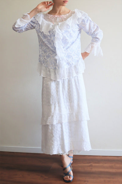 1920s Frilled Lace Blue Ribbon Printed Cotton Blouse