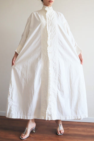 1900s Hand Embroidery With Leaf Pattern Tuck Design White Cotton Long Dress