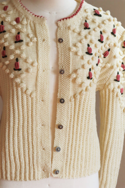 80s Austrian Hand knit Cardigan Pink flower Embroidered Cream