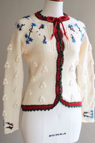 70s Blue Small Flower Embroidery Hand Knit Austrian Cardigan