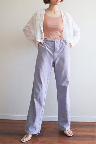 80s White And Purple Staggered Cotton Pants