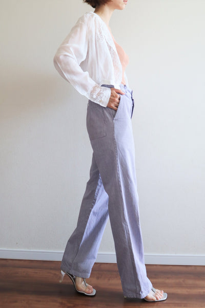 80s White And Purple Staggered Cotton Pants