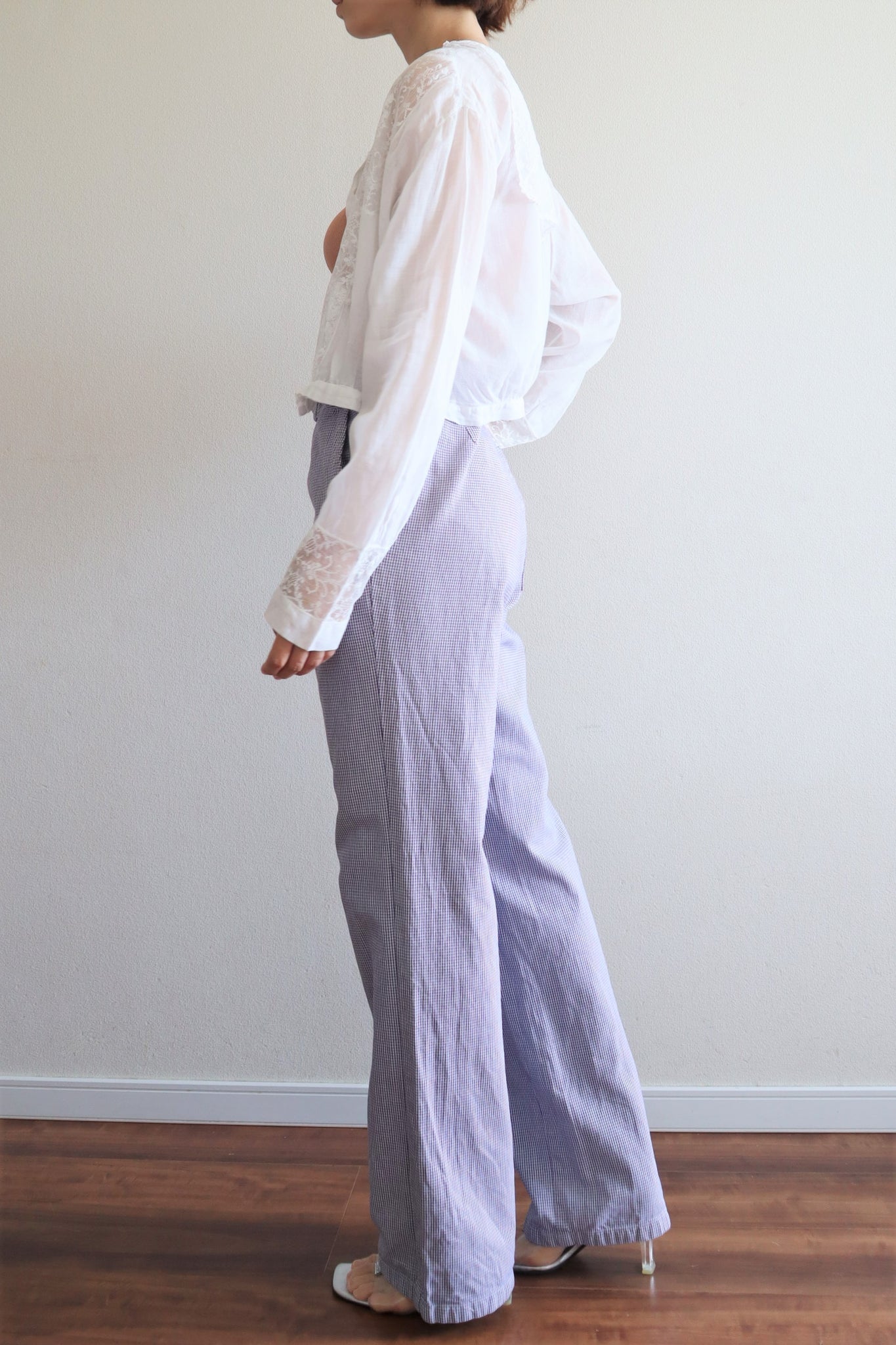 80s White And Purple Staggered Cotton Pants